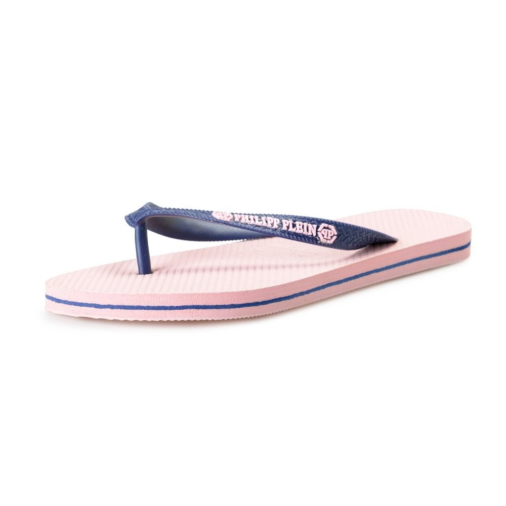 Philipp Plein Women's Pink/Navy Blue Rubber Logo Print Flip Flops Shoes